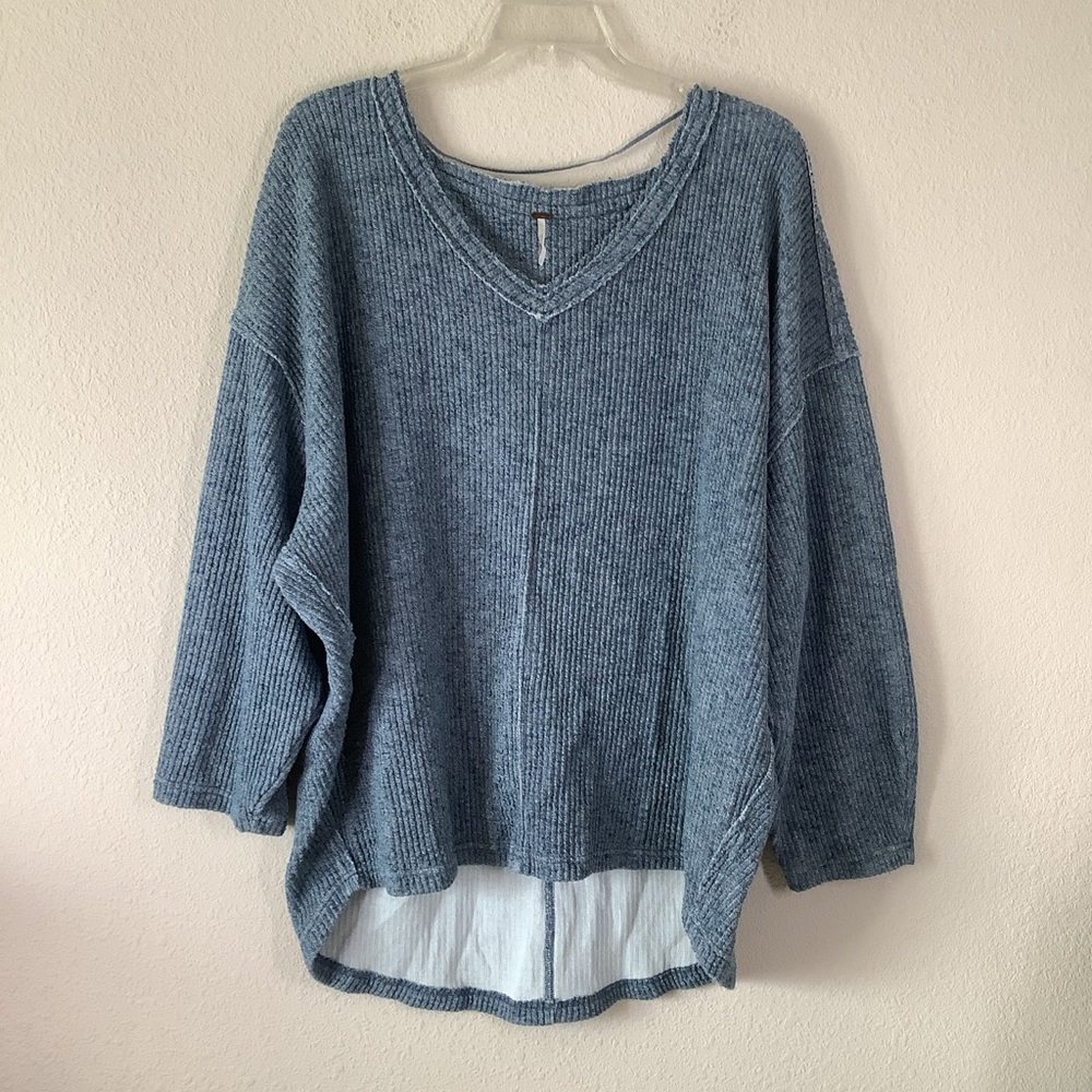 FREE PEOPLE Easy V Pullover Sweatshirt L Ribbed Oversized Slouchy Boho Beach